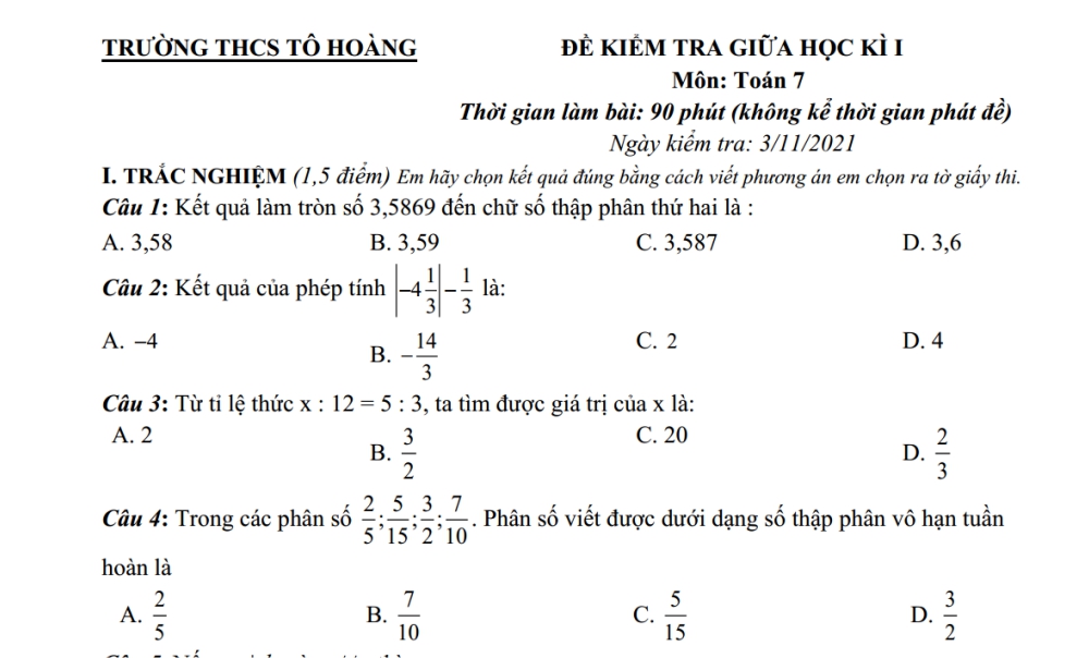 Toán 7: Đề kiểm tra giữa học kỳ 1. Trường THCS Tô Hoàng năm học 2021-2022